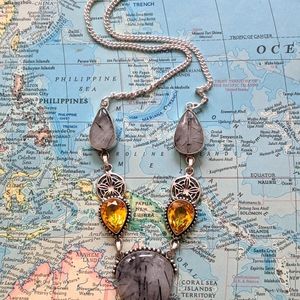 Sterling Silver .925 Necklace w/ Tourmalinated Quartz and Yellow Quartz Stones